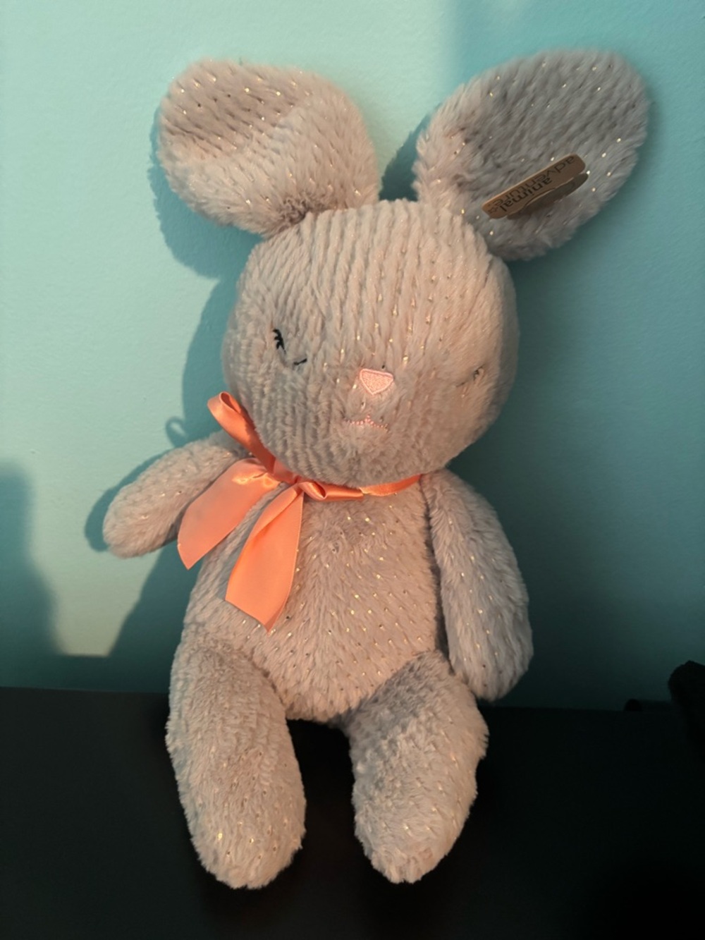 Gray Plush Bunny with Peach Ribbon